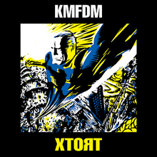 On a dark background, the word KMFDM in white capital letters at the top, and XTORT in capital yellow letters at the bottom. In the center is an image of a man flying directly up and towards the viewer, with stylized explosions and a sunburst in the background. It is done in a woodcut style, with angular, blocky textures, and uses a simple pattern of blue, yellow, white and black.
