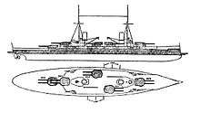 A large warship with five gun turrets, two tall masts, two funnels, and heavy armor protection.
