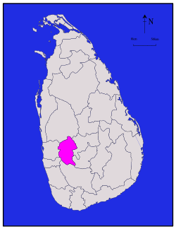 Area map of Kegalle District, roughly oval in shape is located to the south east of the centre of the country, in the Sabaragamuwa Province of Sri Lanka