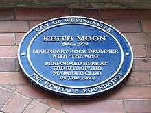 Keith Moon's blue plaque at the Marquee Club, London