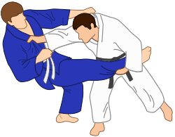 Illustration of Kibisu-gaeshi (One-hand reversal) Judo throw.
