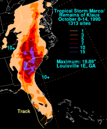 Colored rainfall amounts for the amount of rain and mentioning its peak amount stretching from as south as the Florida Keys, through Georgia, where it peaked, and up to Pennsylvania, New Jersey and Ohio, where it caused minor rains