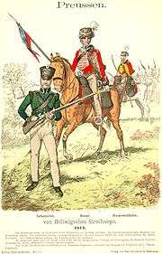 Colored print of von Hellwigsches Streifcorps shows a foot soldier in a green jacket with light gray breeches holding a musket. There two horsemen wearing red hussar jackets and light gray trousers, one with a lance and the other with a saber.