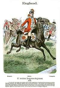Print of red-coated soldier on horseback with saber