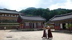 In front of tree wooden buildings, two Buddhist monks in gray robe with a dark red shawl are passing by.