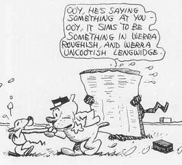 cartoon Ignatz being marched off by Offissa Pupp for trying to throw a brick at Krazy Kat.