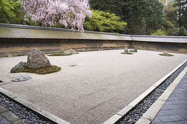 A rectangular plot of raked gravel with islands of larger stone. The plot is bordered on two sides by a low wall.