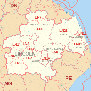 LN postcode area map, showing postcode districts, post towns and neighbouring postcode areas.