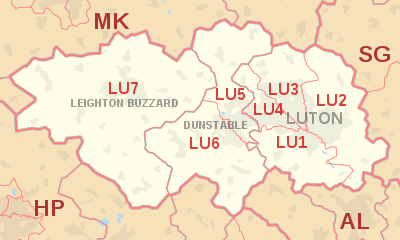 LU postcode area map, showing postcode districts, post towns and neighbouring postcode areas.