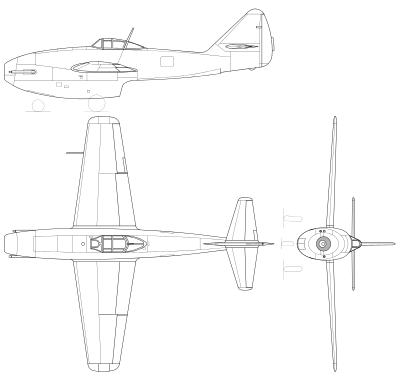 Three line drawings of an aircraft. The top left hand drawing depicting a top view, while the bottom left depicts a side view. The right drawing is a front view rotated 90 degrees clockwise.
