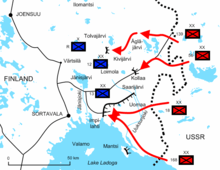 Diagram of the Lake Ladoga battles illustrates the positions and offensives of the Soviet troops. The Red Army invaded dozens of kilometres deep Finland, but stopped at points of Tolvajärvi, Kollaa and almost surrounded near the water of Lake Ladoga.