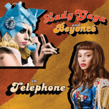 Gaga in the upper left corner, holds up her right hand with her index finger extended. She wears headdress made of several blue telephone dials. Beyoncé is in the lower right corner, wearing a blue coat with gold tassels on the shoulders.