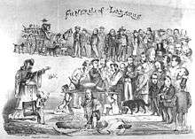 An illustration by Edward Jump depicting the funeral of the stray dog Lazarus. At the head of the many people gathered is Norton, presiding over the funeral.