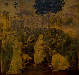 An unfinished painting showing the Virgin Mary and Christ Child surrounded by many figures who are all crowding to look at the baby. Behind the figures are a distant landscape and a large ruined building. More people are coming, in the distance
