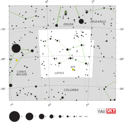 Diagram showing star positions and boundaries of the Lepus constellation and its surroundings