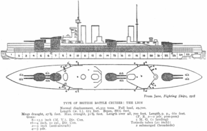 Left elevation and deck plan of three-stacked battlecruiser