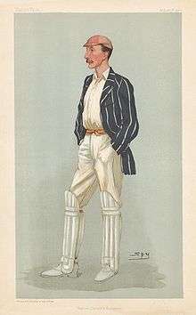 A caricature of Palairet wearing his cricketing whites, with a light red cap and a blue jacket with white stripes.