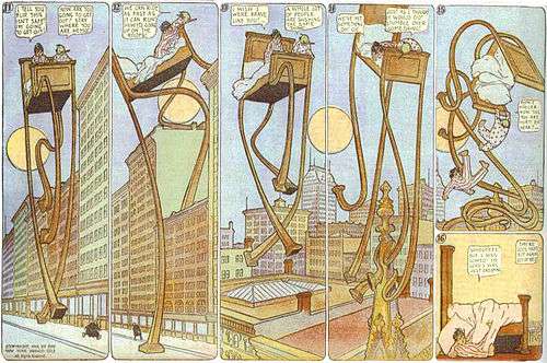 Six panels from Little Nemo comic strip.  Nemo dreams his bed grows legs and walks through the city.