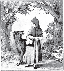 A drawing of Little Red Riding Hood standing next to the Wolf