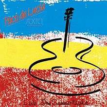 A blue, yellow and red horizontally striped background with a crude drawing of a guitar in black in the center.