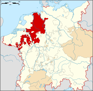 Map of a large region (in white) including all the territory of modern Germany, Austria, Switzerland, Belgium and the Netherlands, plus parts of most neighbouring countries, including most of Northern Italy. Some of the northwest part region is highlighted in color, including Münster, most of the Netherlands and parts of modern Belgium.