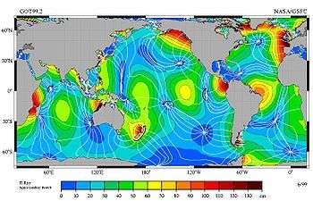 Map showing relative tidal magnitudes of different ocean areas