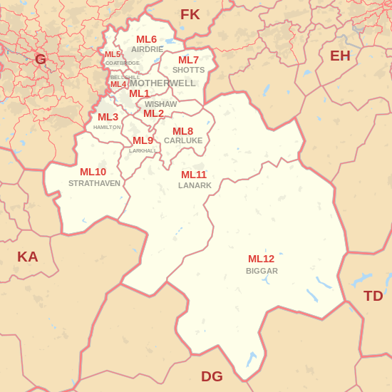 ML postcode area map, showing postcode districts, post towns and neighbouring postcode areas.