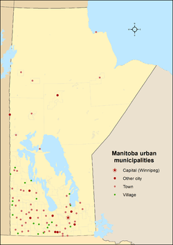 Map showing locations of Manitoba's urban municipalities