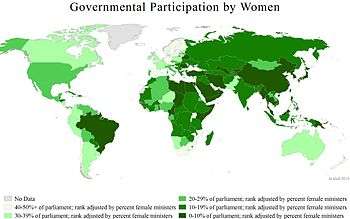 A world map showing female governmental participation by country, 2010.