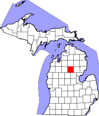 Map of Michigan highlighting Roscommon County