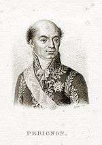 Black and white print of a bald man with a cleft chin. He wears a dark military uniform of the Imperial period with much gold lace. The deep scar over his left eye was from a saber cut during the Battle of Novi in 1799.