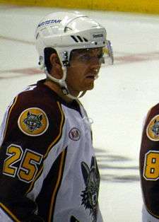 A Caucasian ice hockey player shown from the waist up. He wears a white helmet with a visor and a white jersey with maroon shoulders and sleeves. The number 25 is on his sleeve in yellow below a patch with the Wolves' logo.