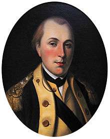 Painting of a youthful La Fayette in a dark military coat with buff lapels and waistcoat