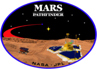 An image inside an oval, depicting two spacecraft, one a lander, and one a rover, on the surface of Mars. The words "Mars Pathfinder" are written on the top and the words "NASA · JPL" are written on the bottom.