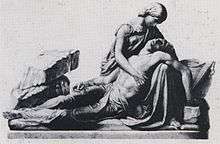 Neoclassical pieta of a woman holding a man's body in her lap.