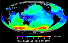 A map of mean wave height for the period 3–12 Oct. 1992. NASA.
