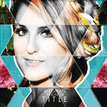 A facial portrait of a young blonde woman smiling. Her hair is tied back with a section of her fringe covering the far left-side of her face. The portrait is triangulated and colored in turquoise and gray-scale patterns with a flower in the backdrop. At the bottom of the portrait in white capital font stands the name, Meghan Trainor, and in a larger and bolder font the title, "Title".