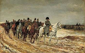 Painting showing a frowning Napoleon and his generals riding their horses through frozen mud alongside a marching column of soldiers