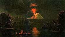 Painting of a conical volcano erupting at night from the side.