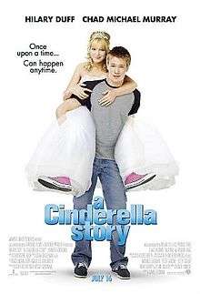 A young man and a young woman standing in front of a white background. The man wears a grey shirt with black sleeves, blue jeans and black sneakers with white shoelaces. The woman, being carried on his back, wears a white tiara, white ballgown and pink-and-white sneakers with white shoelaces. On their image, the text "A Cinderella Story " is written in blue print, with the phrase "Once upon a time... can happen anytime" is written in black print to their right.
