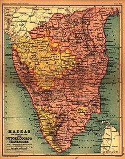 Mysore is shown in west-central peninsular India with the Madras Presidency bordering it on the east, west, and south, with the Arabian Sea, Indian Ocean, and the Bay of Bengal surrounding the peninsula, and with Sri Lanka in the vicinity to the south-east