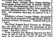 Clipping from a newspaper small-ads column containing ads for a bazaar, football matches, a concert and a sale of fur accessories