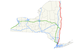 NY 22 follows a north–south alignment along the eastern border of the state of New York. It loosely parallels Interstate 87 from New York City north to Mooers, a hamlet near the Canadian border.