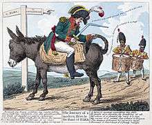 Cartoon of Napoleon sitting back to front on a donkey with a broken sword and two soldiers in the background drumming