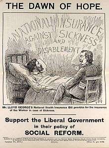 Leaflet, titled "Dawn of hope," showing a sick man being attended to by a doctor, with the caption "Support the Liberal government in their policy of social reform".