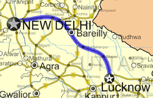 Highway map of road from New Delhi to Lucknow, passing through Bareilly