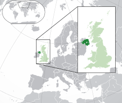 Map showing the location of Northern Ireland in the United Kingdom and Europe