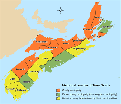 Map showing locations of Nova Scotia's historical counties