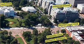 Aerial view, with the White House diagonally across from the President's Guest House