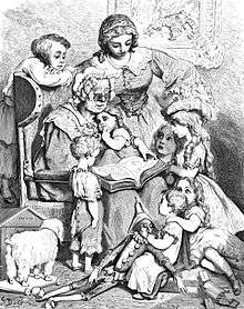 A picture by Gustave Doré showing Mother Goose, an old woman, reading written (literary) fairy tales to children